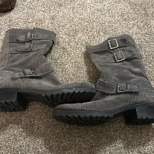 Gray suede shin boots